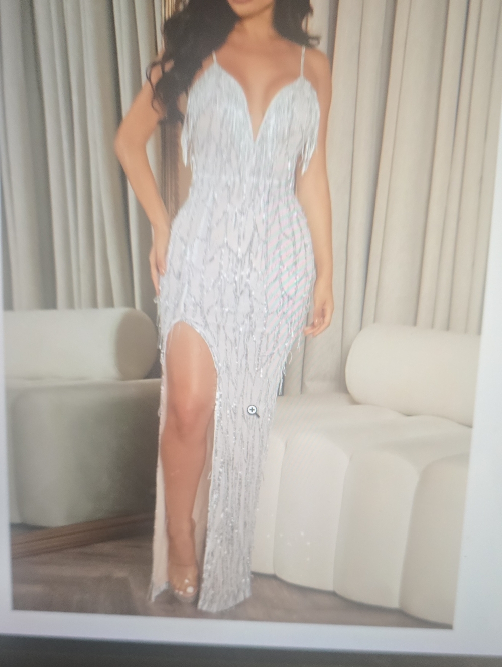 Silver Sequined Fringe Spaghetti Strap Evening Gown